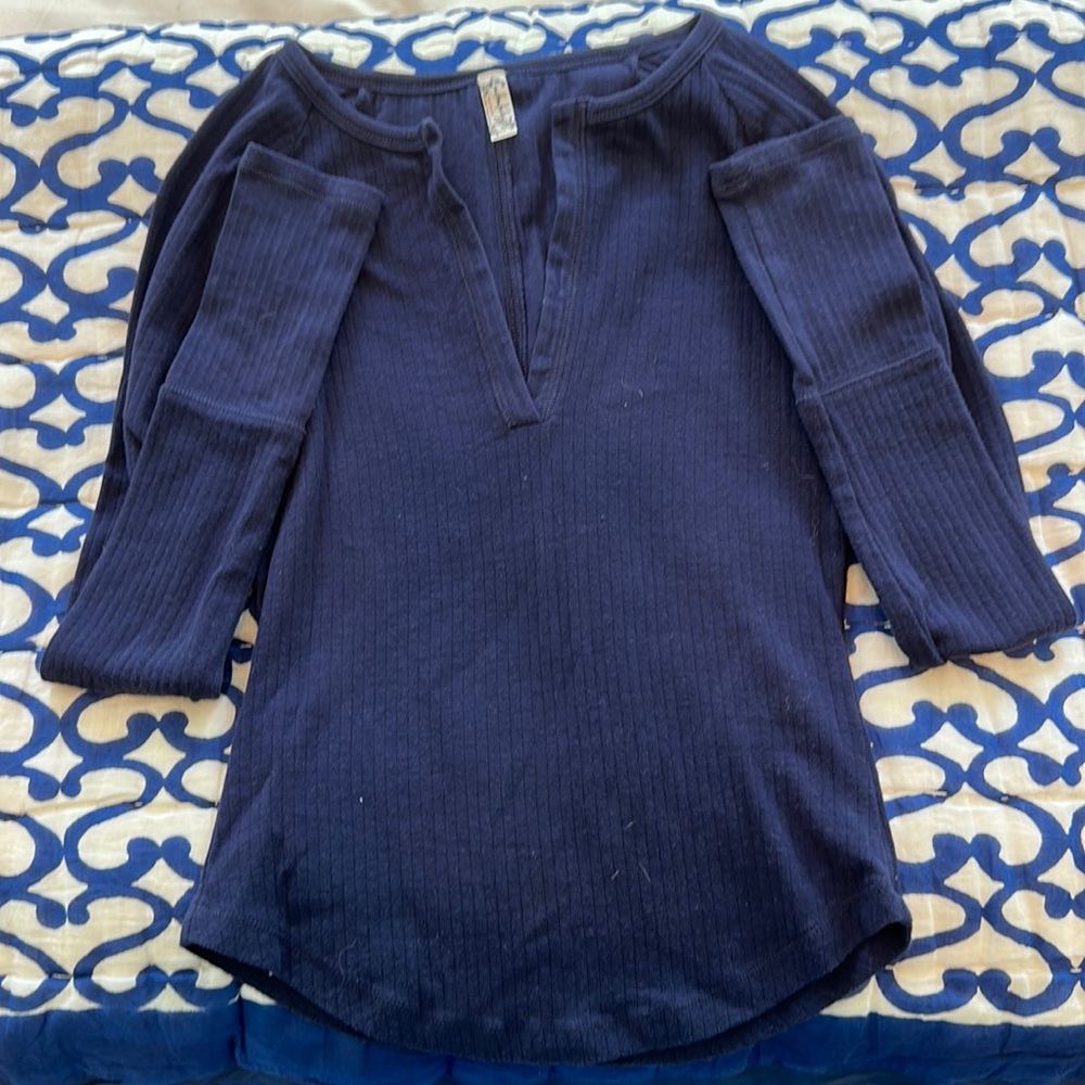 Free People Navy V Neck Long Sleeve T Shirt